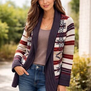 BCBG Women's Open Front Knit Cardigan Lagenlook Aztec Southwestern M‎ Boho